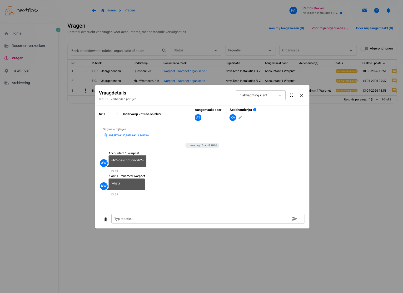 Vragenoverzicht binnen NextFlow PBC